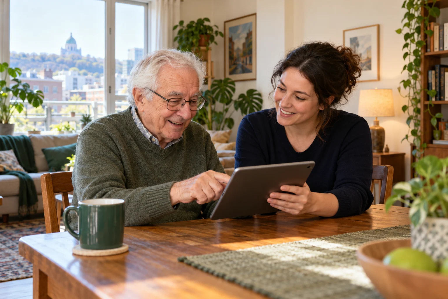 Illustration d’un aîné apprenant à utiliser une tablette avec une accompagnatrice